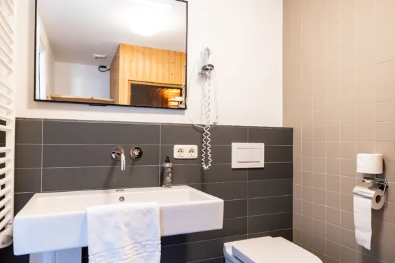 Wastafel met spiegeling van eigen sauna Hotel appartement sauna Tjermelan Terschelling