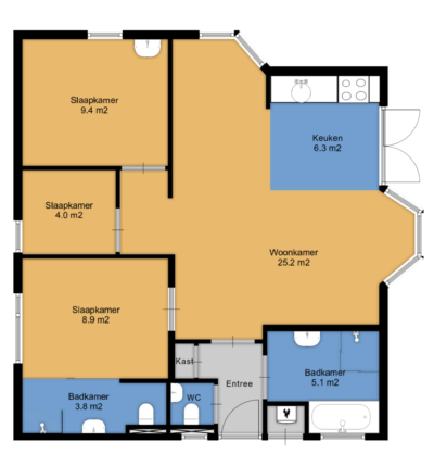 Plattegrond villabungalow 2 badkamers